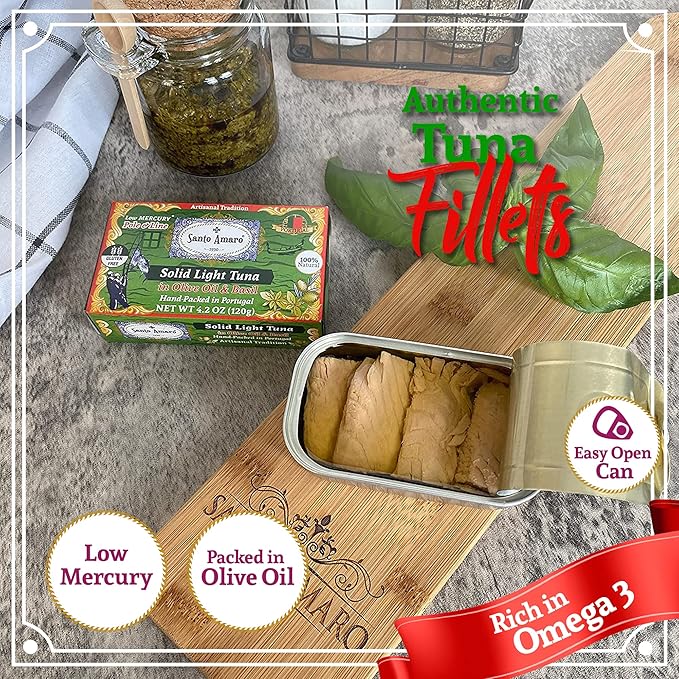 Santo Amaro - Artisanal Wild Tuna Fillets in Olive Oil & Basil, Pole & Line Wild Caught Tuna from Portugal Hand-Packed Venice-Style! Canned Tuna Fish, 22g Protein, Paleo, Keto, Low Mercury, Pack of 3
