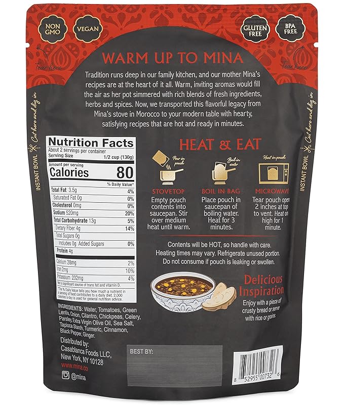Mina Harira, Moroccan Chickpea & Lentil Soup, Ready to Eat Meals,10 oz Gluten Free Soup, High In Plant Based Protein, Microwavable Soup, Vegan, Non-GMO, Packaged Meals & Side Dishes (Pack of 6)