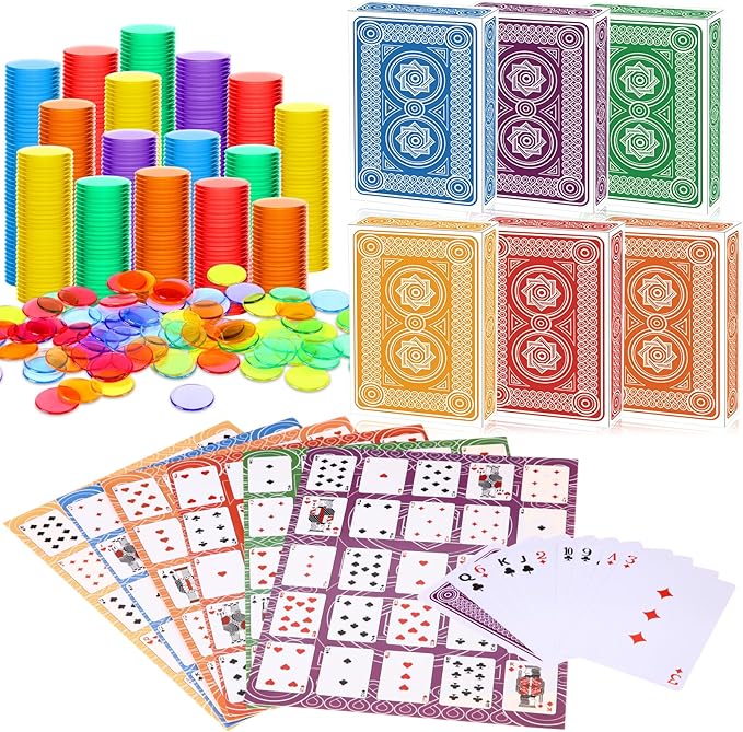 Zubebe 642 Pack Poker Keno Game Set, 6 Deck of Multicolor Playing Cards, 600 Transparent Scoring Chips, Large Boards, Poker Bingo Set Keno Board Game for Family Gathering Casino Play Night (Mixcolor)