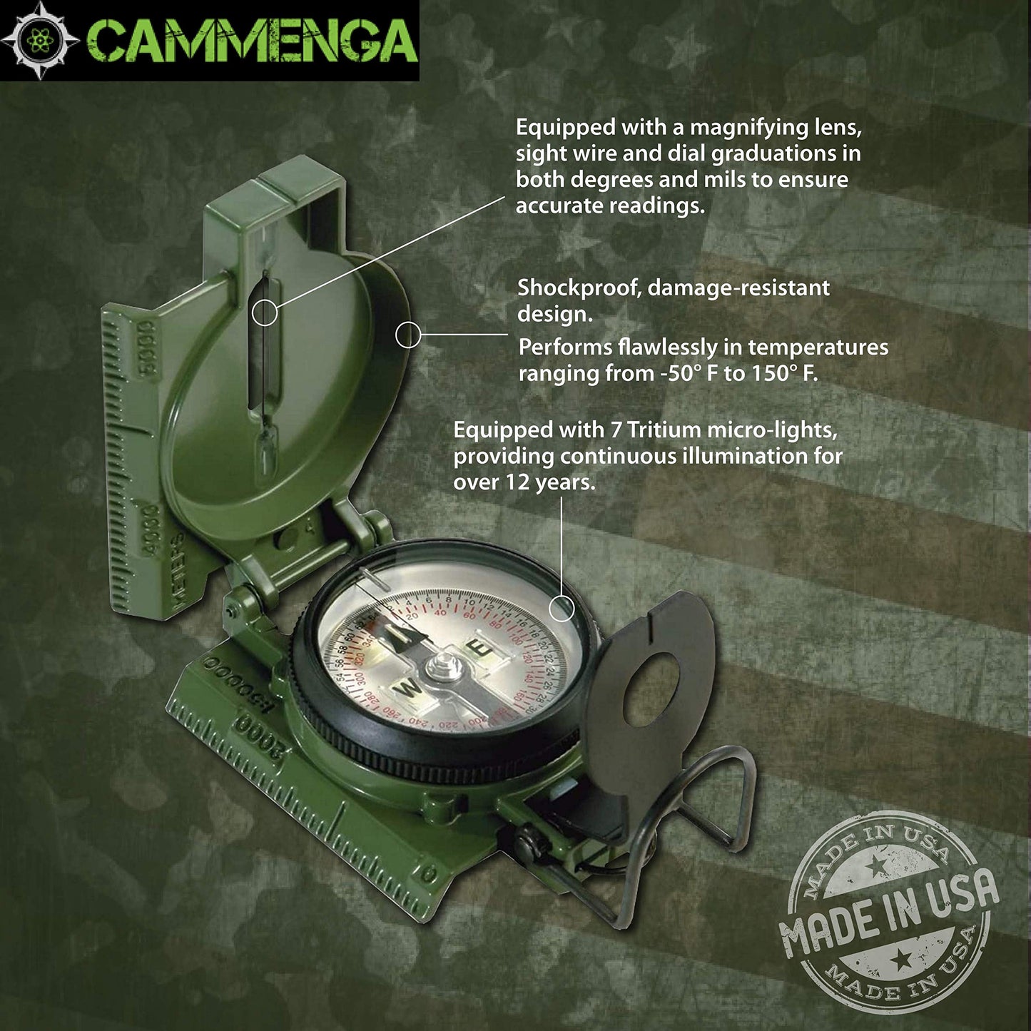 Cammenga 3H Tritium Military Lensatic Compass with Pouch, Olive Drab