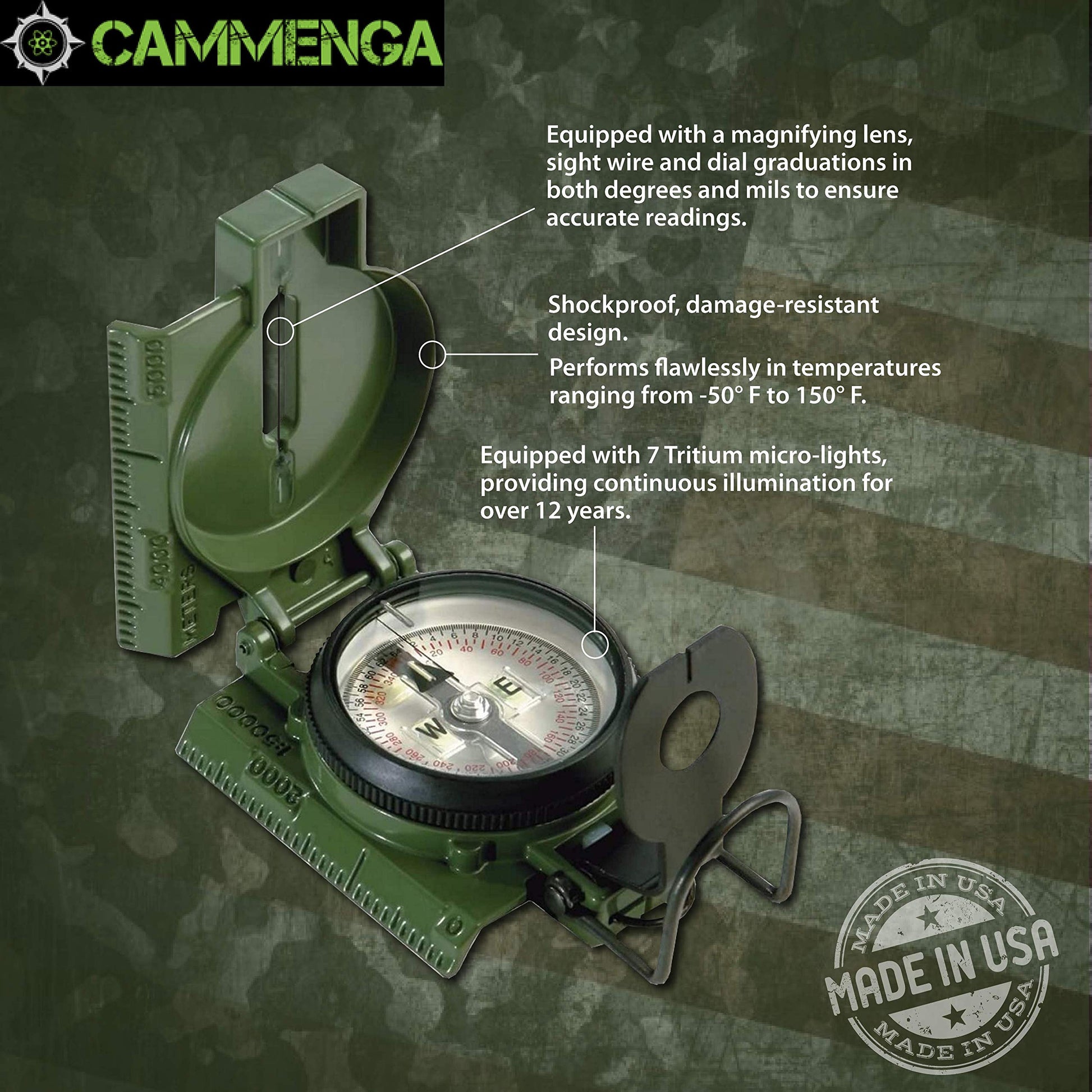 Cammenga 3H Tritium Military Lensatic Compass with Pouch, Olive Drab