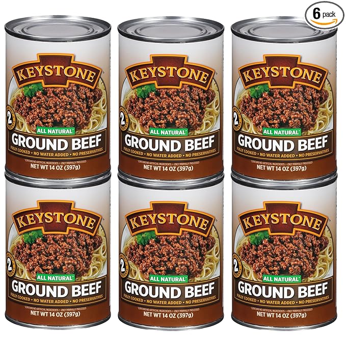 Keystone Meats All Natural Heat & Serve Ground Beef 14 Oz Fully Cooked Canned Meat 5-Year Shelf Life Ready to Eat, Pantry Staple for Everyday Meals & Survival Food, Gluten-Free, Made in USA, Pack of 6