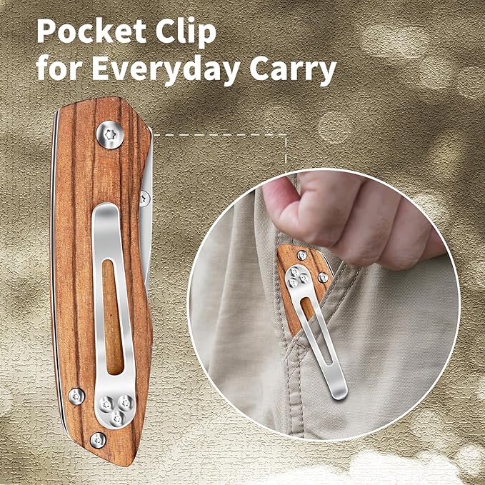 Vickay Folding Pocket Knife with Clip, 2.95" 8Cr13MoV Steel Blade, Wood Handle EDC Knife for Men & Women, Liner Lock Knife for Camping, Hunting, Tactical, Survival Father?˜s Day Gift
