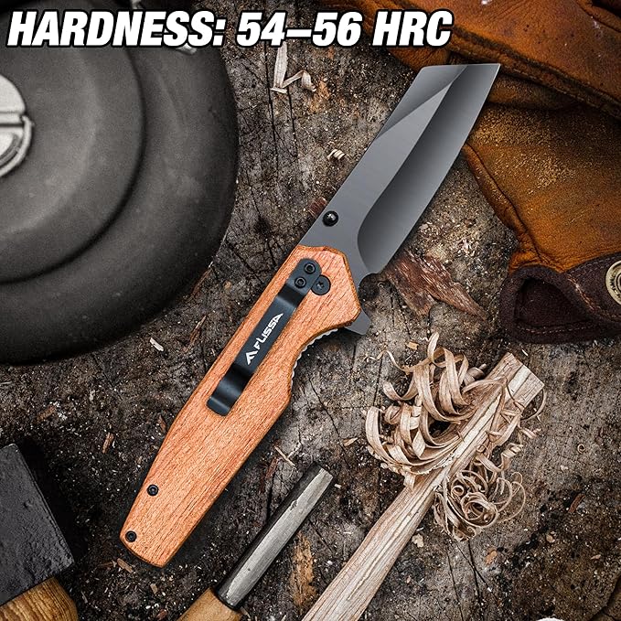 FLISSA Folding Knife, 4-3/4" Reverse Tanto Folding Pocket Knife, Black Stonewash Blade, Wood Handle, for Hunting, Survival, Camping and Outdoor Activities, Great Gifts for Dad, Husband, Friend