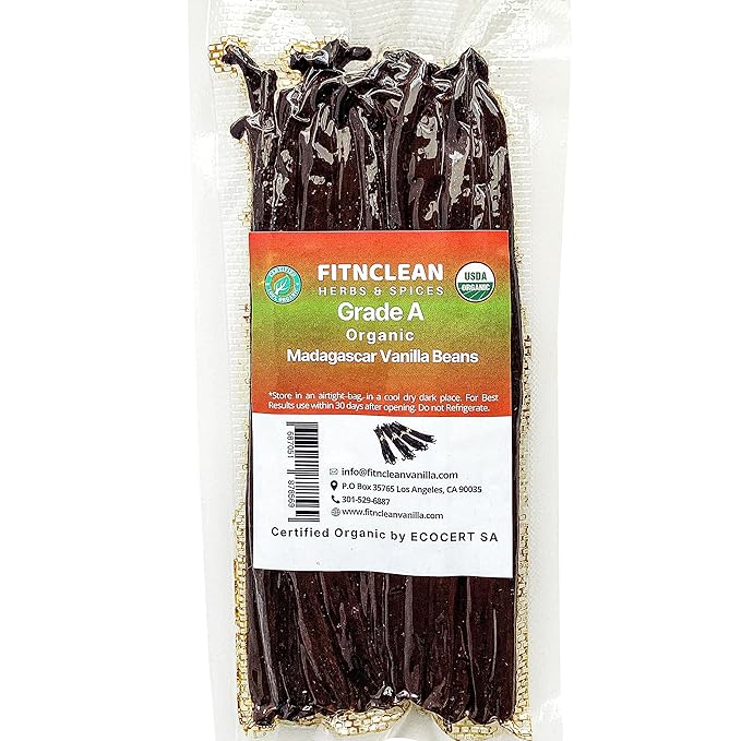 20 Madagascar Organic Vanilla Beans Grade A. Certified USDA Organic. ~6" by FITNCLEAN VANILLA for Baking, Extract and Cooking. Fresh Gourmet NON-GMO Bourbon Whole Pods