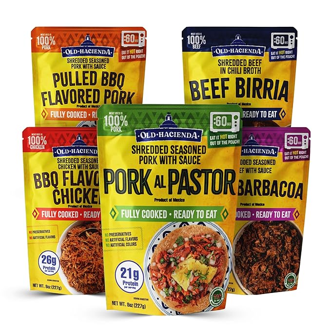 Old Hacienda 5-Pack Variety | Beef Barbacoa, Beef Birria, Pork al Pastor, BBQ Flavored Chicken & Pulled BBQ Pork | Fully Cooked & Ready to Eat | No Preservatives | 8 oz Each - 1 of Each Flavor