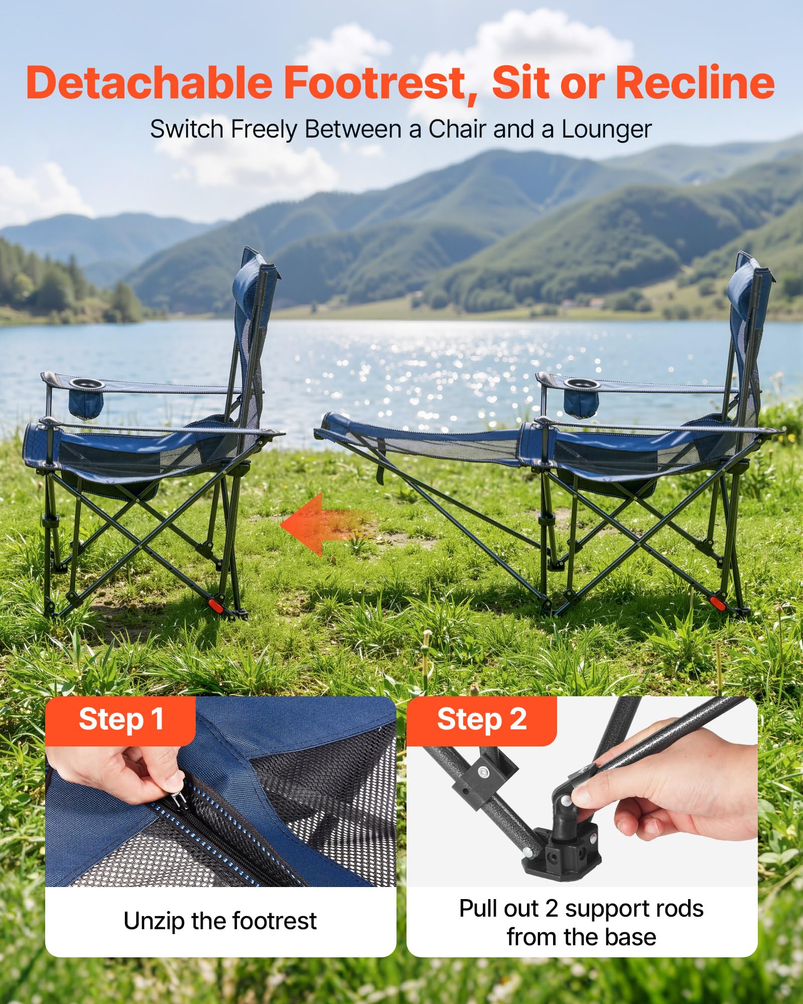 VEVOR 2-in-1 Reclining Camping Chair with Footrest for Adults, 4 Adjustable Positions, Portable