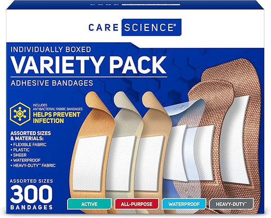 Care Science Variety Bandages Pack, 300 ct Bulk Assorted Sizes | Includes Active, All-Purpose, Waterproof, Heavy-Duty | Breathable Protection for First Aid