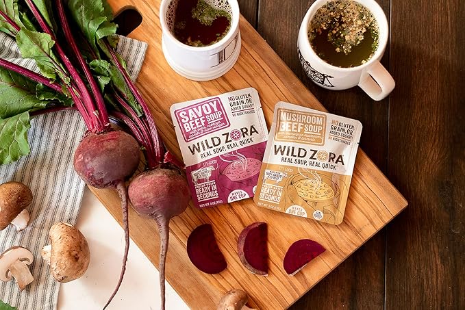 Wild Zora Instant Keto-Friendly Soups 5-Pack Variety, Broth Made with Grass-Fed Beef, Free-Range Chicken, and Vegetables, Gluten-Free, Low Carb, No Added Sugar, Flavorful Pantry Staples - 0.5oz/13g