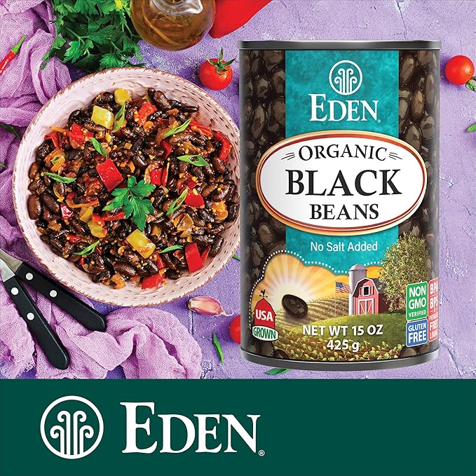Eden Organic Black Beans, 15 oz Can (12-Pack Case), No Salt Added, Non-GMO, U.S Grown, Heat and Serve, Macrobiotic, Turtle Beans, Frijol Negro, Caviar Criollo