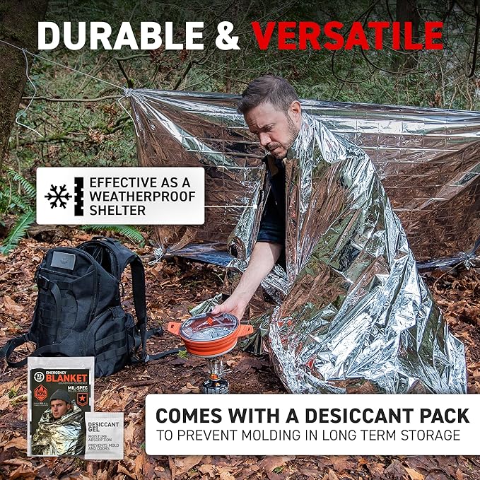 72 HRS Large Emergency Mylar Space Blankets 120-Pack, MIL-SPEC 54″ × 88″ Thermal Survival Foil – Retains 90% Body Heat, Waterproof Reflective Blanket for Camping, Hiking, Marathon, First Aid