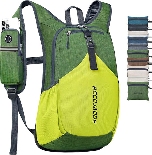 15L Small Hiking Backpack for Men Women Foldable Packable Back Pack Ultralight Hiking Daypack for Travel Camping Outdoor, Olive Green Yellow