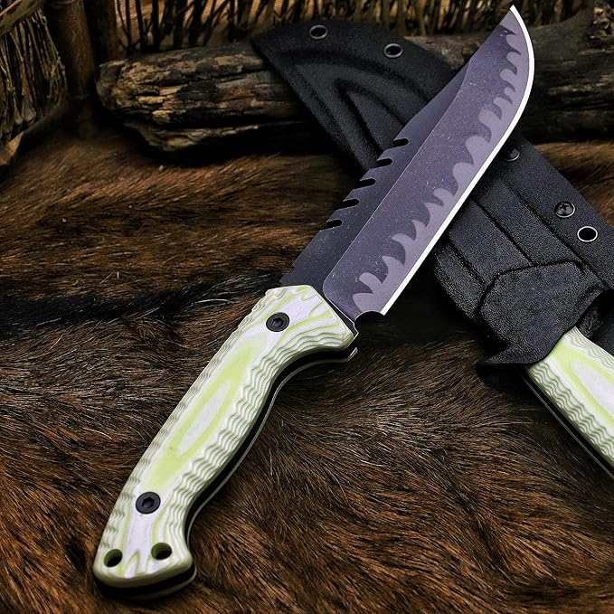 BA-KOR 12.4in Full Tang Fixed Blade Hunting Knife ??6mm 9CR18MoV Steel, G10 Handle, Stonewashed Sawback Blade with Kydex Sheath & Fire Starter for Outdoor, Camping, Survival (White with light green stripes)