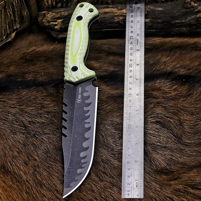 BA-KOR 12.4in Full Tang Fixed Blade Hunting Knife ??6mm 9CR18MoV Steel, G10 Handle, Stonewashed Sawback Blade with Kydex Sheath & Fire Starter for Outdoor, Camping, Survival (White with light green stripes)
