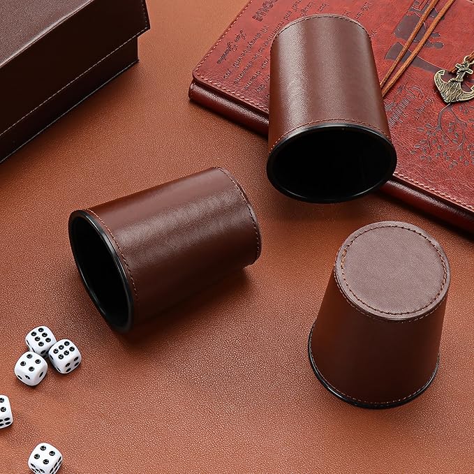5X Dice Cup Set, PU Leather Dice Shaker Cups with 30 Dices for Bar Party Yahtzee Farkle Dice Games, Coffee (5, Brown)