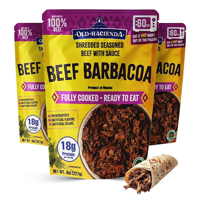 Old Hacienda Beef Barbacoa, | 100% Shredded Seasoned Beef with Sauce | Fully Cooked & Ready to Eat | 18g Protein | No Preservatives, Artificial Flavors or Colors | BPA Free Pouch | Pack of 3-8 oz