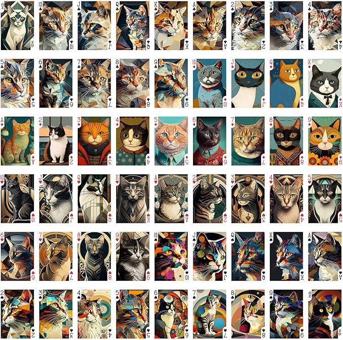 Art Deco CAT Portraits Playing Cards (Poker Deck 54 Cards All Different) Vintage Art Deco Cubism Avantgarde Naïve Cat Art Portrait Posters