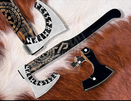 SHINY CRAFTS Viking Axe - 27" Helm of Awe Carved Axe with Engraving, Medieval Tomahawk, Genuine Leather Sheath (SCA-11)