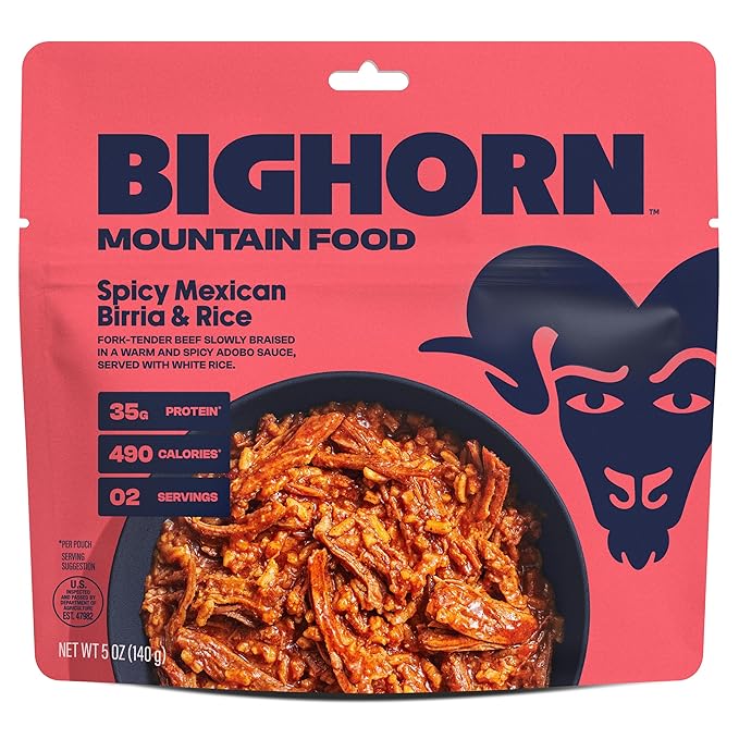 BIGHORN Mountain Food Spicy Mexican Birria and Rice - contains 6 packs | 12 servings | 210g Protein | 2,940 Calories - premium freeze dried meals for backpacking food - dehydrated camping food for backpacking meal - just add water - great taste