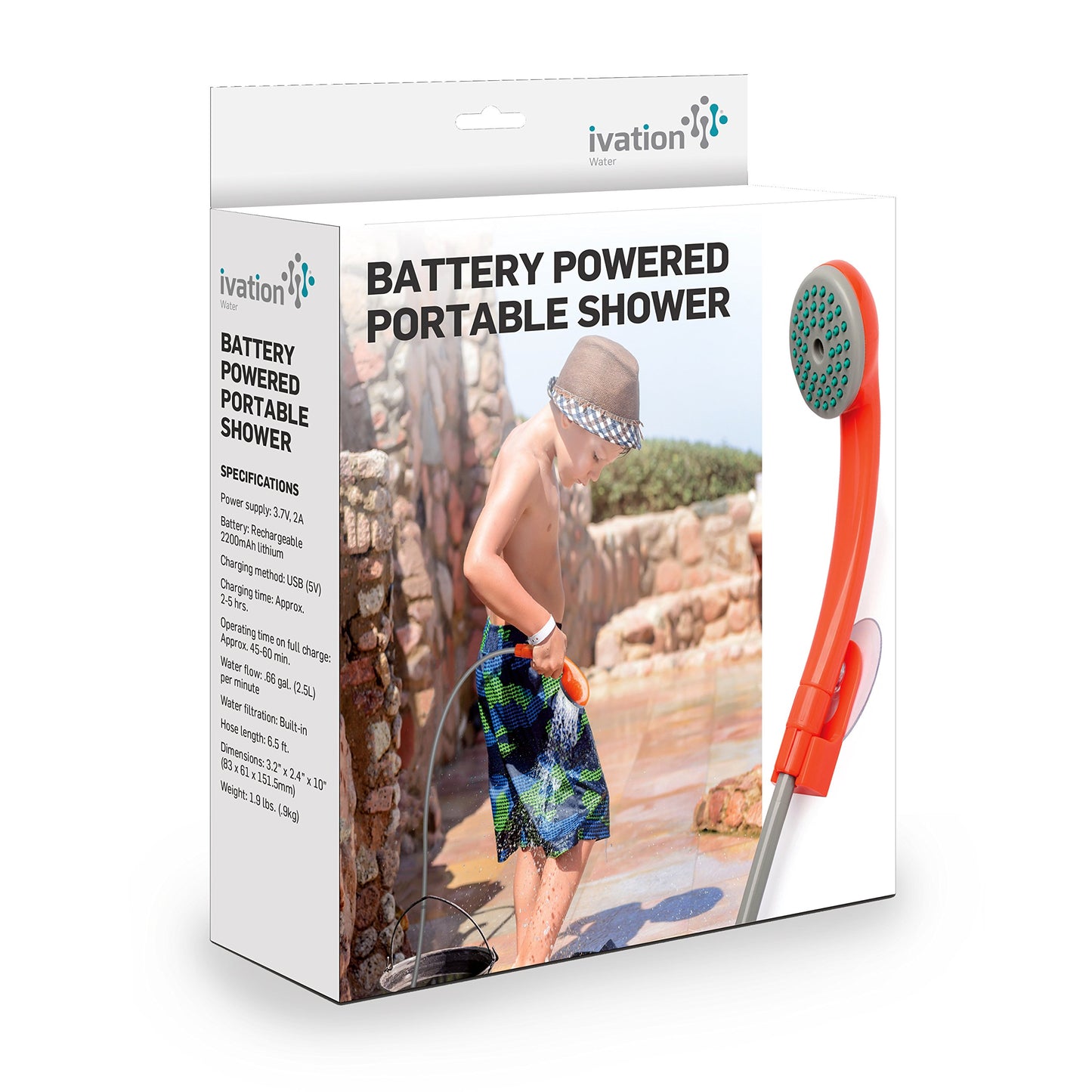 Ivation Portable Outdoor Shower, Battery Powered, Water Pump, Rechargeable