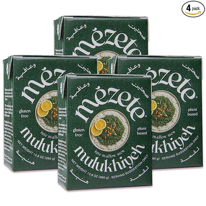 Mezete Authentic Middle Eastern Stew | Molokhia Leaves Stew | All-Natural | Ready to Eat | Shelf Stable | Zero Cholesterol | No Trans Fat | Non-GMO | 390g (Pack of 4)