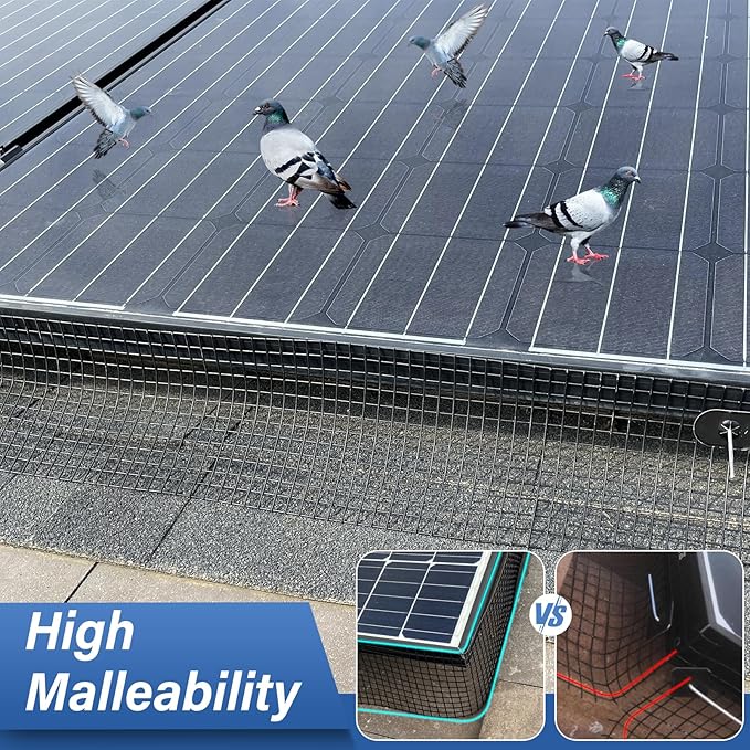 Solar Panel Bird Guard,8in x 100ft Critter Guard Galvanized PVC Coated Mesh Roll Kit,Black Pigeon Solar Panel Mesh with 70 Fastener Clips, ½ inch Wire Critter Guard for Solar Panels