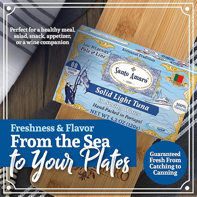 Santo Amaro - Artisanal Wild Tuna Fish in Spring Water, Pole & Line Wild Caught Tuna from Portugal, Hand-Packed Canned Tuna, Solid Light Tuna, Keto, 24g Protein, Low Mercury, 90 Calories, Pack of 3