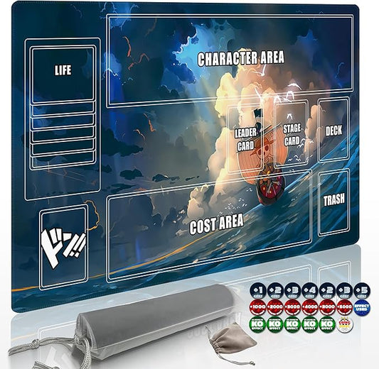 Playmat for One Piece Card Game (24x14 Inches): with Non-Slip Rubber, Zones Design, a Professional Storage Bag Included, Plus a Limited-Time Gift of a Set of 20 Damage Counters (Wave Boat)