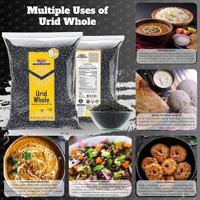 Rani Urid/Urad Whole Black (Matpe Beans with Skin) Indian Lentils 128oz (8lbs) 3.63kg Bulk ~ All Natural | Gluten Friendly | Non-GMO | Kosher | Vegan | Indian Origin