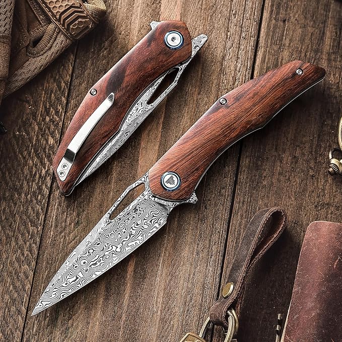 3.62'' Damascus Folding Pocket Handmade Knife for Men With Clip, Front Flipper Utility Knife for Best EDC Outdoor Camping Hiking Work Knives,Ironwood Handle &Ti Ring.Taurus-01i