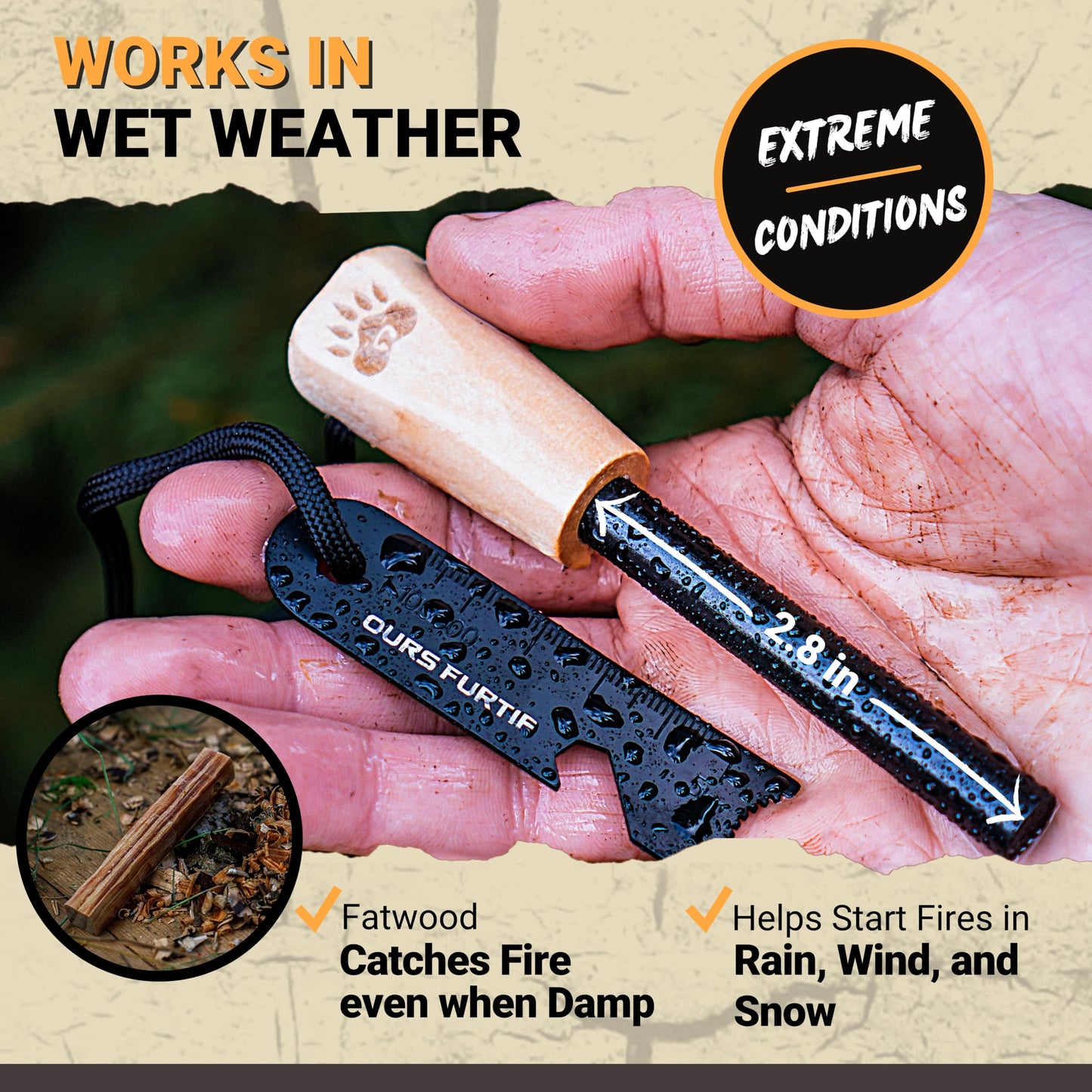 Ferro Rod Fire Starter Kit with Fatwood Tinder Stick - 3/8" Thick Ferrocerium Flint and Steel Fire