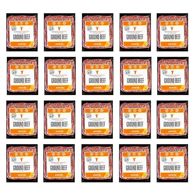 Santa Carota Grass Fed Ground Beef 70% Lean / 30% Fat, Carrot-Finished, Grass-Raised, Bulk Hamburger Meat | Perfect for Burgers, Family Pack Frozen Food (20-1lb packages)