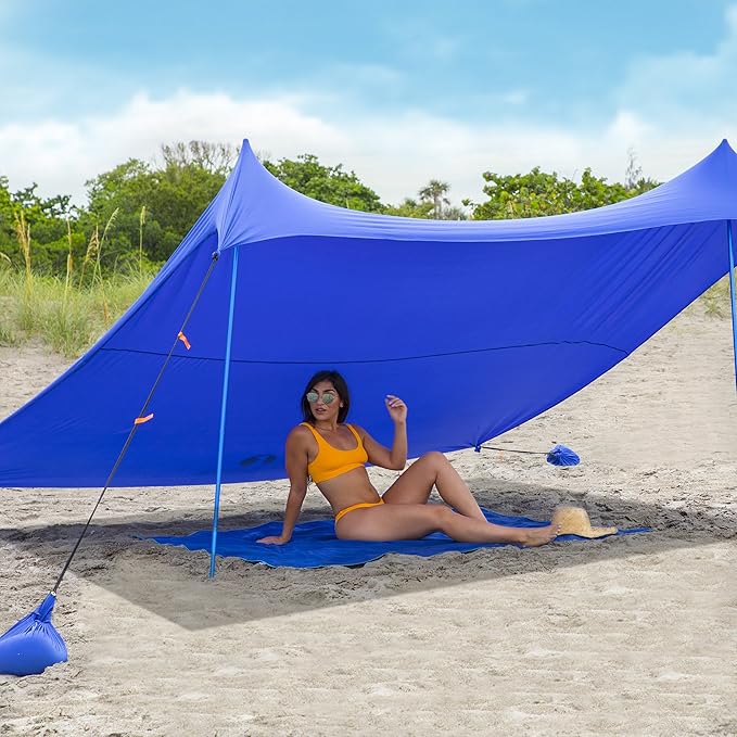 Red Suricata Family Beach Tent & Canopy, UPF50 Sun Shade, Sunshade With 4 Aluminum Poles, 4 Pole Anchors & Sand Shovel, Medium & Portable Sun Shelter Tarp (Medium, Blue)