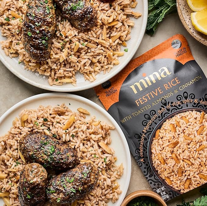 Mina Festive Rice, With Toasted Almonds & Cinnamon, Ready to Eat, Brown Rice, Side Dishes, Microwave Rice, Vegan Protein, Non-GMO, Gluten-Free, Kosher, 8 oz (Pack of 6)