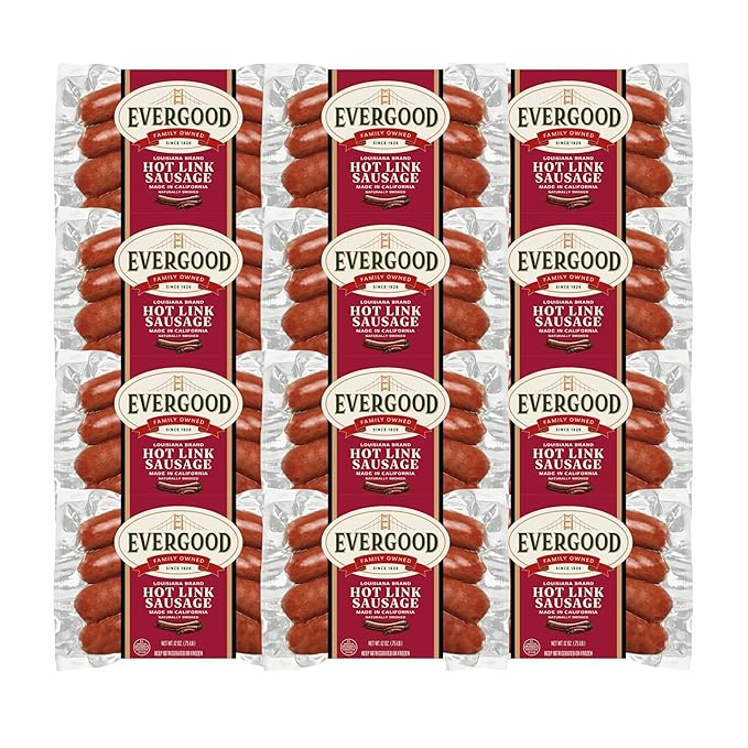Evergood Louisiana Hot Link Sausage Bundle - 12 Packs, Bold Cajun-Style Pork Links, Naturally Smoked, Spicy, Grill Ready, Fully Cooked
