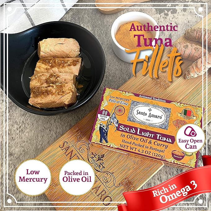 Santo Amaro - Artisanal Wild Tuna Fillets in Olive Oil & Turmeric Curry, Pole & Line Caught from Portugal, Hand-Packed Goa-Style Natural Canned Tuna, 22g Protein, Keto, 124 Cal, Low Mercury, Pack of 6