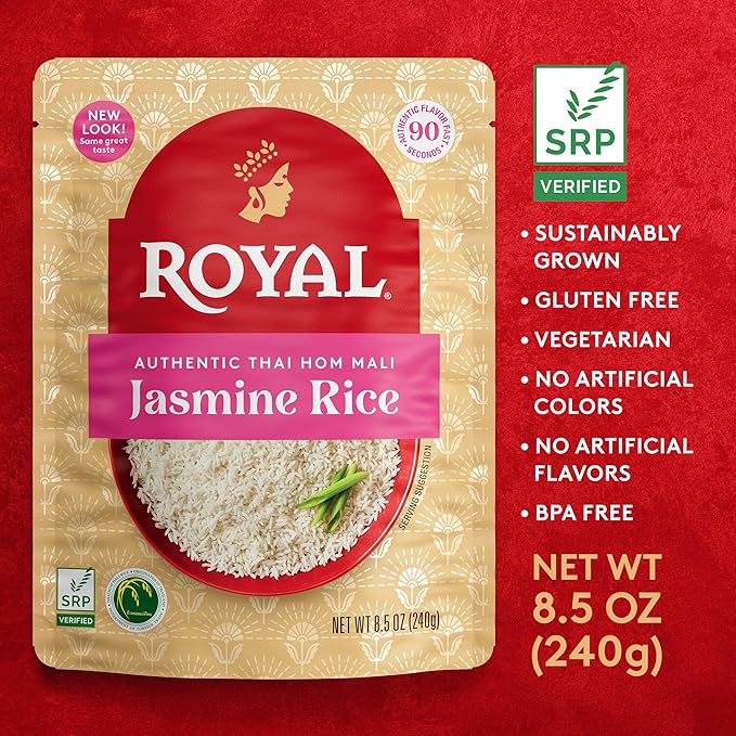 Royal Authentic Thai Hom Mali White Jasmine Rice - Microwave Rice - Dinner Side Dish - (4 Pack) 8.5 oz Pouch