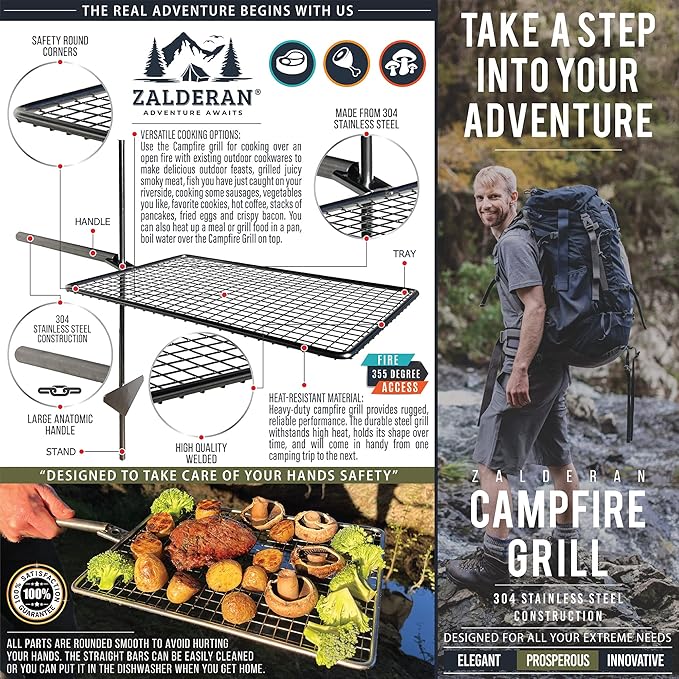 Campfire Grill ??Small, Lightweight 304 Stainless Steel Cooking Grate for Camping, Hiking, Backpacking ??Portable Campfire Cooking Grill for 1?? People