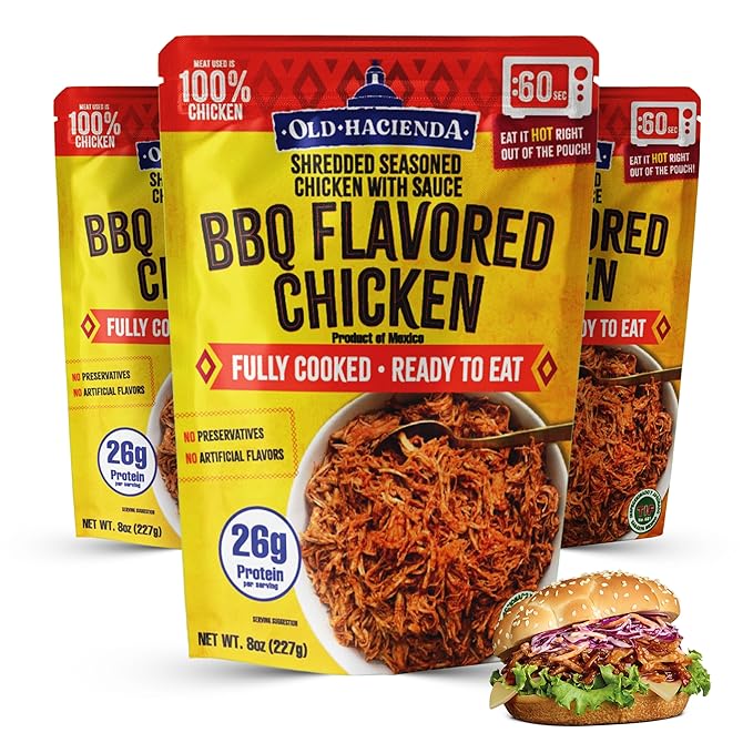 Old Hacienda BBQ Flavored Chicken | 100% Shredded Seasoned Chicken with Sauce | Fully Cooked & Ready to Eat | 26g Protein | No Preservatives or Artificial Flavors | BPA Free Pouch | Pack of 3-8oz