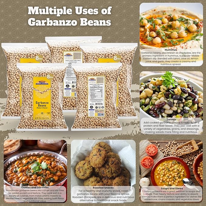 Rani Garbanzo Beans (Kabuli Chana) 128oz (8lbs) 3.63kg x Pack of 5 (Total of 40lbs) Bulk ~ All Natural | Vegan | Gluten Friendly | NON-GMO | Kosher | Indian Origin