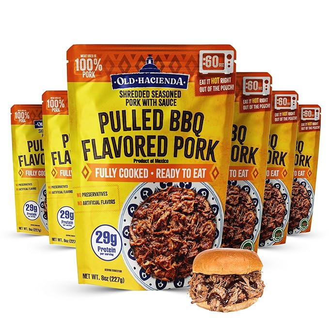 Old Hacienda Pulled BBQ Flavored Pork | 100% Shredded Seasoned Pork with Sauce | Fully Cooked & Ready to Eat | 29g Protein | No Preservatives or Artificial Flavors | BPA Free Pouch | Pack of 6 - 8oz