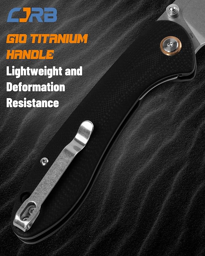 CJRB Feldspar Folding Knife - Stonewash D2 Steel Blade, G10 Tactical Handle, EDC Pocket Knife, Black Handle (J1912)