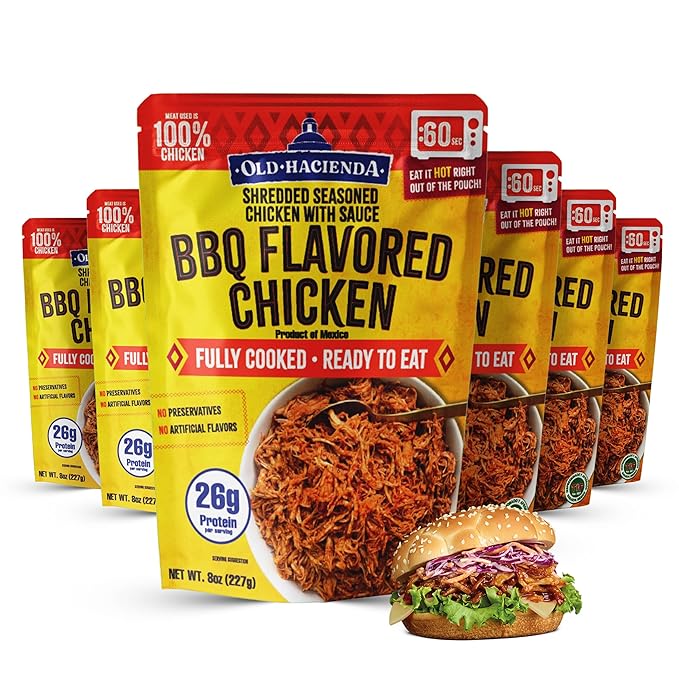 Old Hacienda BBQ Flavored Chicken | 100% Shredded Seasoned Chicken with Sauce | Fully Cooked & Ready to Eat | 26g Protein | No Preservatives or Artificial Flavors | BPA Free Pouch | Pack of 6-8oz