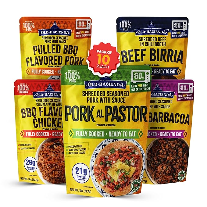 Old Hacienda 10-Pack Variety | 2 Each of Beef Barbacoa, Beef Birria, Pork al Pastor, BBQ Flavored Chicken & Pulled BBQ Pork | Fully Cooked & Ready to Eat | No Preservatives | BPA Free - 8oz Each