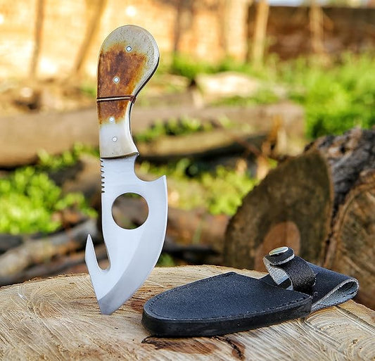 METAL OF HONOR Fixed Blade Knife, All in One Skinning Knife with Gut-Hook, for Hunters and Outdoors Enthusiasts with Sheath,Full Tang handmade knife with Bone Handle
