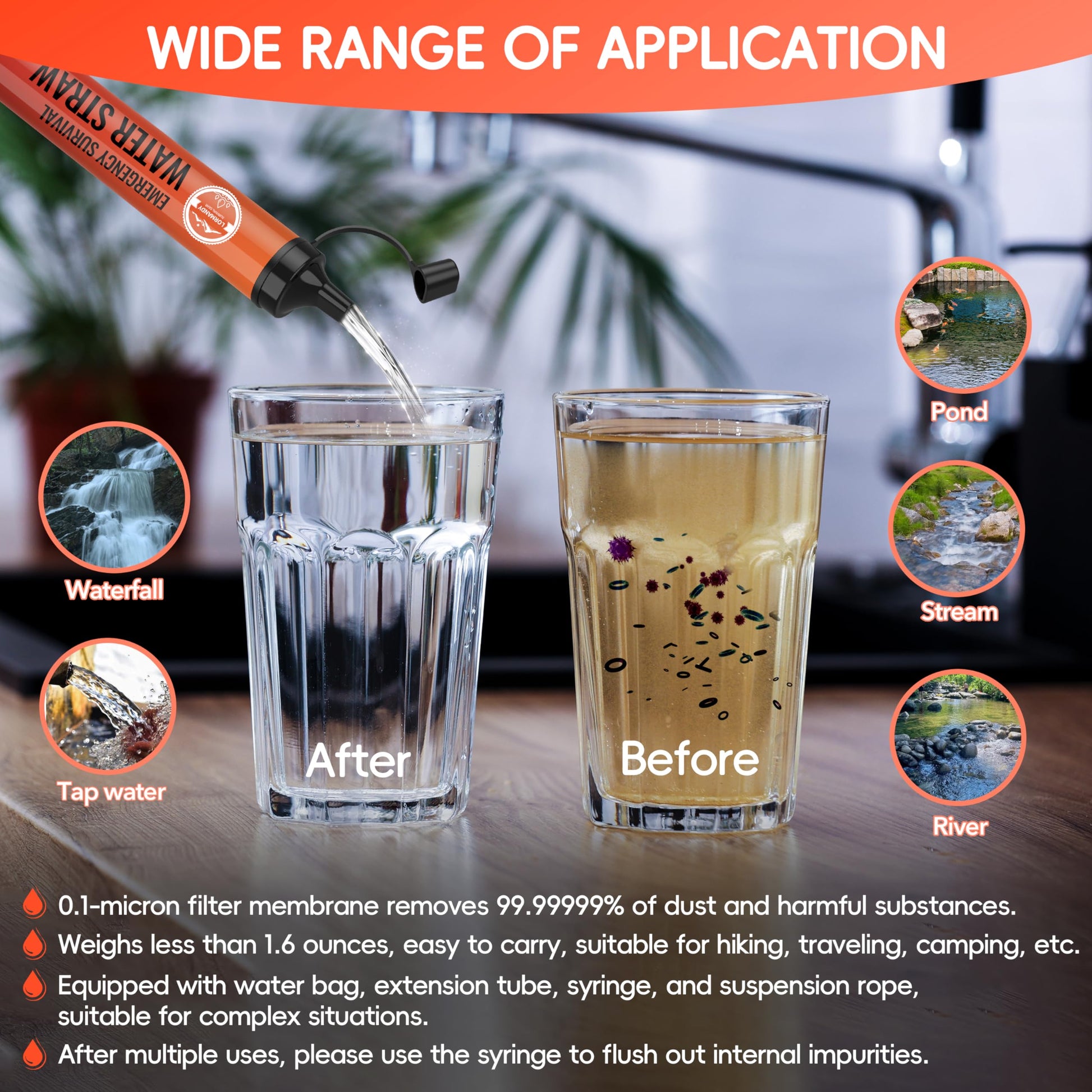 Lormandy Straw Water Filter 5 Pack - Outdoor Camping & Hiking Survival Gear