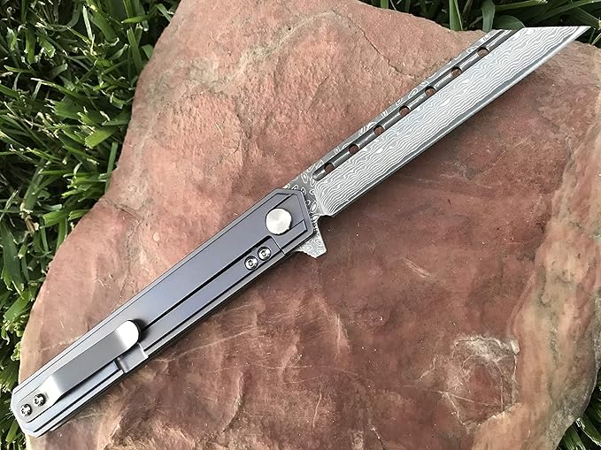 TACTICAL GEARZ Damascus Pocket Knife for EDC, Solid Titanium Handle, 67 Multi-Layered Damascus Steel VG10 Tanto Blade (Onyx XT Midnight)