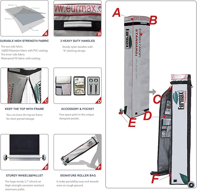 Eurmax USA 10'x20' Pop-up Canopy Tent Commercial Instant Canopies with 4 Removable Zipper End Side Walls and Roller Bag, Bonus 6 SandBags(Beige)