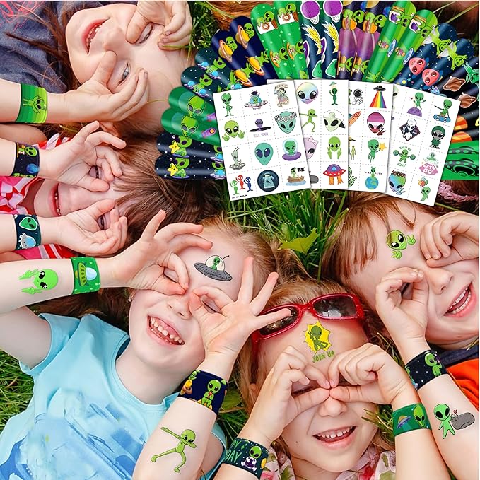 72 PCS Alien Party Favors 48 Tattoos Sticker and 24 Slap Bracelets Wristbands Perfect for Space Themed Birthday Baby Showers or Classroom Rewards Ideal Decor and Gifts for Girls and Boys