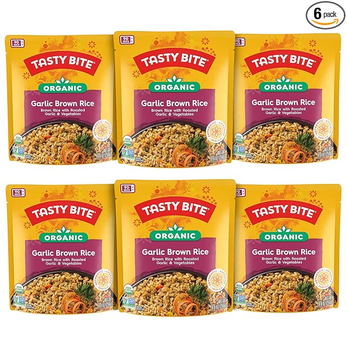 Tasty Bite Organic Brown Rice Garlic, 8.8 Ounce, Pack of 6, Ready to Eat, Microwavable, Gluten-Free Garlicky Rice